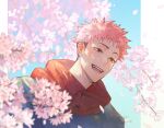  1boy black_jacket branch brown_eyes cherry_blossoms gakuran happy hood hood_down hoodie itadori_yuuji jacket jujutsu_kaisen jujutsu_tech_uniform male_focus mu_kmijj open_mouth pink_hair red_hood red_hoodie school_uniform short_hair signature smile solo spiked_hair teeth undercut upper_body 