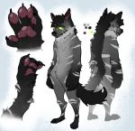  2018 anthro chest_tuft claws crotch_tuft ear_piercing facial_piercing front_view fur green_eyes half-closed_eyes hyena looking_at_viewer male mammal model_sheet neck_tuft nobby_(artist) nose_piercing nose_ring notched_ear nude pawpads piercing rear_view simple_background solo standing striped_fur striped_hyena stripes toe_claws tongue tuft yellow_sclera 