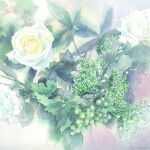  branch flower leaf no_humans original painting_(medium) plant plant_focus rose traditional_media watercolor_(medium) white_flower white_rose yu_grassbird 