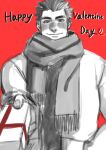  1boy bara blush coat gift greyscale_with_colored_background happy_valentine highres holding holding_gift ichito0714 incoming_gift looking_at_viewer male_focus protagonist_3_(housamo) red_theme scarf short_hair smile solo thick_eyebrows tokyo_afterschool_summoners upper_body 