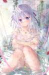  1girl bathtub breasts clothed_bath crossed_arms dress hair_ribbon highres hiiraki_asuka jewelry light_smile long_sleeves looking_at_viewer necklace original partially_submerged piercing purple_eyes ribbon see-through sitting solo sousouman water wet white_hair 
