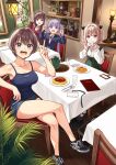  4girls blonde_hair blue_eyes brown_eyes brown_hair camisole food green_eyes highres iijima_yun long_hair looking_at_viewer multiple_girls new_game! official_art pasta purple_eyes purple_hair red_sweater ribbon shinoda_hajime short_hair shorts suit suzukaze_aoba sweater takimoto_hifumi taking_picture tokunou_shoutarou twintails v 