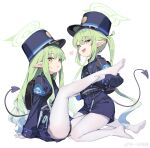  2girls absurdres ass black_hat black_jacket black_shorts black_skirt black_tail blue_archive blush buttons demon_tail double-breasted earrings gloves green_hair green_halo halo hat heart highlander_sidelocks_conductor_(blue_archive) highlander_twintails_conductor_(blue_archive) highres jacket jewelry long_hair long_sleeves multiple_girls open_mouth pantyhose peaked_cap pleated_skirt pointy_ears shorts sidelocks simple_background skirt smile tail twintails white_background white_gloves white_pantyhose yamano_(yamanoh) yellow_eyes 