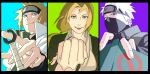  1girl 2boys absurdres black_eyes blonde_hair blue_eyes book forehead_protector grin hatake_kakashi headband highres holding holding_book konohagakure_symbol kunai long_hair mask mouth_mask multiple_boys namikaze_minato naruto_(series) one_eye_closed pnpk_1013 portrait short_hair smile tsunade_(naruto) weapon white_hair yellow_eyes 