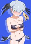  1girl absurdres bird_girl bird_tail bird_wings black_hair blonde_hair blue_background blush breasts cleavage closed_mouth covered_nipples cowboy_shot green_eyes grey_hair hair_between_eyes head_wings highres kemono_friends long_bangs long_hair looking_at_viewer masuyama_ryou multicolored_hair navel shoebill_(kemono_friends) side_ponytail simple_background skindentation solo stomach strapless tail underwear underwear_only wings 