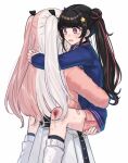  2girls aoki_shizumi arms_around_neck black_hair blood blood_on_leg blue_shirt carrying carrying_person commentary_request d4dj double_bun hair_bun hair_ornament hairclip hand_on_another&#039;s_thigh injury jacket kaibara_michiru long_hair multicolored_hair multiple_girls pink_hair pink_jacket pink_skirt pleated_skirt red_eyes scraped_knee shinomiya_kokoa shirt simple_background skirt socks star_(symbol) star_hair_ornament streaked_hair tearing_up tears twintails two-tone_hair white_background white_hair white_shirt white_socks 