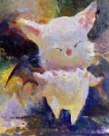  ^_^ abstract_background bat_wings closed_eyes closed_mouth commentary english_commentary final_fantasy full_body highres looking_at_viewer moogle multicolored_background no_humans oil_painting_(medium) outstretched_arms painting_(medium) solo standing traditional_media wings yuming_li 