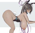  1girl animal_ears bent_over black_hair black_leotard blue_archive blush breasts breasts_out commentary_request curvy dark-skinned_female dark_skin fake_animal_ears fake_tail feet_out_of_frame fishnet_pantyhose fishnets from_side furau gradient_hair hair_between_eyes halo hanging_breasts highres karin_(blue_archive) leotard long_hair looking_at_viewer multicolored_hair nipples open_mouth pantyhose playboy_bunny ponytail purple_hair rabbit_ears rabbit_tail revealing_clothes sagging_breasts sidelocks simple_background solo tail yellow_eyes 