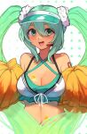  1girl :d bare_shoulders breasts cheerleader cleavage commentary_request green_eyes green_hair green_hat hair_between_eyes hair_ornament hair_scrunchie hatsune_miku headset highres long_hair medium_breasts navel pom_pom_(cheerleading) r123 scrunchie simple_background smile solo star_(symbol) starry_background twintails upper_body very_long_hair visor_cap vocaloid white_background white_scrunchie 