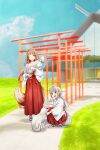  2girls animal animal_ear_fluff animal_ears blunt_bangs extra_ears fox grey_hair holding holding_animal holo japanese_clothes light_brown_hair long_hair miko mother_and_daughter multiple_girls myuri_(spice_and_wolf) official_art one_eye_closed open_mouth red_eyes shrine smile spice_and_wolf squatting tabi tail torii very_long_hair wide_sleeves wolf_ears wolf_girl wolf_tail 