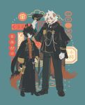  2boys aak_(arknights) aak_(doctor_of_faces)_(arknights) antique_phone arknights black_cape black_hair black_hat black_jacket black_nails blue_background cape cat_boy dog_boy fang fingerless_gloves full_body furry furry_male gloves hair_over_one_eye hat highres holding holding_clothes holding_hat horns hung_(arknights) hung_(just_a_driver)_(arknights) jacket lantern long_sleeves male_focus military_uniform multiple_boys necktie official_alternate_costume open_mouth orange_shirt paper_lantern red_horns shirt single_horn sirakaro slit_pupils standing striped_necktie tail thigh_strap uniform white_gloves white_hair 