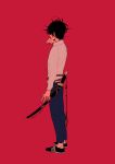  1boy black_footwear black_hair black_pants collared_shirt from_behind from_side full_body hand_on_own_chin hand_up katana looking_ahead male_focus messy_hair original pants red_background sen_46 sheath sheathed shirt shoes simple_background sneakers solo sword weapon 