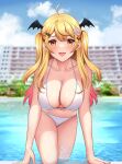  1girl absurdres bat_hair_ornament bikini blonde_hair blurry blurry_background blush breasts cleavage cloud cloudy_sky fang gradient_hair hair_ornament hairclip heart heart_hair_ornament highres hololive hotel large_breasts looking_at_viewer multicolored_hair navel open_mouth outdoors pink_hair pink_nails pool reflection reflective_water sei_joshikou shiny_skin skin_fang sky swimsuit virtual_youtuber white_bikini yellow_eyes yozora_mel 