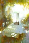  abstract_background art_study bottle building chair commentary courtyard dappled_sunlight day english_commentary faux_traditional_media garden highres no_humans outdoors scenery shadow still_life sunlight table tree yuming_li 
