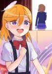  2girls aged_down blue_jacket blue_skirt blush bow bowtie clenched_hand collared_shirt commentary_request feathers hair_between_eyes in-franchise_crossover jacket kosaka_honoka long_sleeves looking_afar love_live! love_live!_school_idol_project love_live!_superstar!! multiple_girls one_side_up open_mouth orange_hair otonokizaka_school_uniform plaid plaid_skirt purple_eyes red_bow red_bowtie school_uniform shibuya_kanon shirt short_hair short_sleeves skirt solo_focus standing suspenders the-prinprince upper_body white_feathers white_shirt 