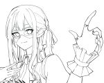  1girl bang_dream! bang_dream!_it&#039;s_mygo!!!!! brooch closed_mouth commentary_request greyscale hand_up highres jewelry lineart long_hair looking_at_viewer mask masquerade_mask monochrome multiple_rings nanami_(nunnun_0410) ring sidelocks simple_background solo togawa_sakiko two_side_up upper_body white_background wrist_cuffs 
