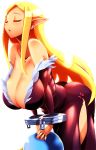  1girl ass blonde_hair breasts cleavage cuffs curvy disgaea earring eyes_closed healer_(disgaea) hips huge_ass large_breasts long_hair open_mouth prinny solo thick_thighs thighs tokyo_(great_akuta) wide_hips 