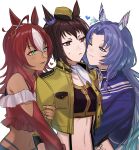  3girls ahoge animal_ears aoki_shizumi arm_hug ascot bare_shoulders black_shirt blue_hair blue_jacket blush breast_pocket breasts brown_hair byerley_turk_(umamusume) cheek-to-cheek closed_mouth commentary_request crop_top cropped_jacket dark-skinned_female dark_skin darley_arabian_(umamusume) ear_covers garrison_cap godolphin_barb_(umamusume) green_eyes hat heads_together heart highres horse_ears jacket long_hair long_sleeves looking_at_another midriff multiple_girls navel off-shoulder_shirt off_shoulder one_eye_closed open_clothes open_jacket open_mouth pocket red_eyes red_hair red_shirt scar scar_across_eye shirt simple_background small_breasts sweatdrop umamusume upper_body white_ascot white_background yellow_jacket yuri 