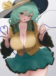  1girl absurdres breasts cleavage collarbone gradient_background green_eyes green_skirt grey_background hat hat_ribbon heart heart_of_string highres komeiji_koishi large_breasts looking_at_viewer moriforest1040 open_mouth ribbon skirt solo third_eye touhou yellow_ribbon 