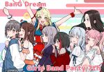  6+girls :d ^_^ armlet bang_dream! bang_dream!_it&#039;s_mygo!!!!! black_choker black_hair blonde_hair blue_jacket blush bow bowtie brown_eyes brown_hair choker closed_eyes clothing_cutout commentary_request copyright_name dress earrings green_eyes grey_hair hair_between_eyes half_updo hand_up hat highres jacket jewelry juliet_sleeves kurata_mashiro long_hair long_sleeves looking_at_viewer maruyama_aya minato_yukina mini_hat mitake_ran multicolored_hair multiple_girls nanami_(nunnun_0410) one_eye_closed open_mouth pink_eyes pink_hair puffy_sleeves purple_dress purple_eyes red_bow red_bowtie red_dress red_hair red_shirt red_wrist_cuffs shirt short_hair shoulder_cutout sidelocks smile streaked_hair sweatdrop takamatsu_tomori teeth toyama_kasumi tsurumaki_kokoro twintails twitter_username upper_teeth_only wakana_rei white_dress white_hat white_shirt wrist_cuffs yellow_eyes 