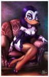  2017 anthro avian beak bird breasts chair choker cleavage clothed clothing dark_hair detailed_background disney dress duck ducktales eyelashes eyeshadow female fernando_faria footwear garter hair high_heels looking_at_viewer magica_de_spell makeup purple_eyes shoes short_dress sitting smile solo 