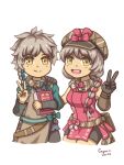  1boy 1girl blonde_hair brother_and_sister capoolarioo clanne_(fire_emblem) fire_emblem fire_emblem_engage framme_(fire_emblem) green_hair highres pink_hair siblings v yellow_eyes 