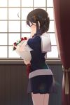  ahoge bangs blush bouquet braid brown_hair closed_eyes commentary_request cowboy_shot curtains eyebrows_visible_through_hair flower from_side hair_ornament hair_over_shoulder hairpin highres holding holding_bouquet indoors kantai_collection naoto_(tulip) pleated_skirt profile red_flower red_rose rose school_uniform serafuku shigure_(kantai_collection) shirt short_sleeves single_braid skirt smile solo standing window 