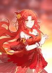  1girl bare_shoulders blurry blurry_background breasts closed_mouth detached_sleeves dress flower hair_ornament highres honkai_(series) honkai_impact_3rd lan_yi_long_yu large_breasts long_hair looking_at_viewer murata_himeko red_dress red_flower red_hair red_rose rose smile solo very_long_hair yellow_eyes 