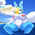 absurd_res animal_crossing anthro areola beach big_breasts blonde_hair bodily_fluids breasts dialogue eyelashes female foxsuo francine_(animal_crossing) genital_fluids genitals hair hair_over_eye hi_res huge_breasts lagomorph leporid looking_at_viewer mammal nintendo nipples one_eye_obstructed pink_nipples pussy rabbit seaside smile solo text thick_thighs vaginal_fluids water white_body