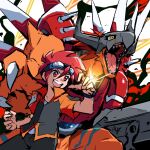  arm_cannon ayo_(ayosanri009) black_jacket black_pants claws colored_skin cyborg digimon digimon_(creature) dinosaur fewer_digits goggles hair_between_eyes helmet horns jacket mechanical_arms open_mouth orange_skin original pants red_eyes red_hair rizegreymon sharp_teeth shirt single_mechanical_arm sketch spiked_hair teeth upper_body upper_teeth_only weapon white_background white_shirt yellow_eyes 
