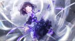  1girl blue_eyes breasts closed_mouth cowboy_shot floating_hair hair_ornament highres jacket long_sleeves nail_polish nayuta_(voice_actor) purple_hair purple_jacket purple_nails sanosomeha short_hair solo thighhighs 