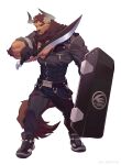  1boy absurdres animal_ears arknights bara cow_ears cow_horns dual_wielding full_body furrification furry furry_male highres holding holding_shield holding_sword holding_weapon horns ju_neng_binggui large_pectorals looking_at_viewer male_focus matterhorn_(arknights) minotaur muscular muscular_male partially_unbuttoned pectoral_cleavage pectorals serious shield short_hair solo standing sword weapon 
