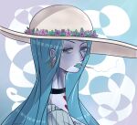  1girl ayat_chan black_choker blue_eyes blue_lips blue_theme charlotte_amande choker cigarette close-up earrings english_commentary flower hat jewelry large_hat long_hair looking_at_viewer one_piece sidelocks smoke solo straight_hair white_hat 