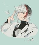  1boy arknights bird black_shirt blush closed_mouth coat cropped_torso elysium_(arknights) fingernails flower grey_eyes long_sleeves looking_ahead male_focus multicolored_hair one_eye_closed shirt short_hair sirakaro solo streaked_hair white_coat white_flower 