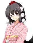 1girl alternate_costume bird_wings black_hair black_wings brown_eyes commentary floral_print floral_print_kimono hat highres japanese_clothes kimono light_blush long_sleeves looking_at_viewer obi obijime pink_kimono pom_pom_(clothes) print_kimono red_hat rise_(rise19851203) sash shameimaru_aya short_hair simple_background smile solo tokin_hat touhou white_background wings 