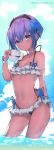  arm_behind_back bangs bikini blue_sky blush breasts cleavage cloud contrapposto cowboy_shot dark_skin day eyebrows_visible_through_hair fate/grand_order fate/prototype fate/prototype:_fragments_of_blue_and_silver fate_(series) flower frilled_bikini frills hair_between_eyes hair_flower hair_ornament hairband halterneck hassan_of_serenity_(fate) holding holding_mask looking_at_viewer mask mask_removed navel ocean outdoors purple_eyes purple_hair short_hair skull_mask sky small_breasts smile solo standing stomach suzuho_hotaru swimsuit twitter_username wading water wet 