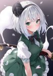  1girl black_bow black_bowtie black_hairband bow bowtie closed_mouth collared_shirt commentary_request dark_background expressionless frilled_skirt frills green_eyes green_skirt green_vest grey_hair hairband highres holding holding_sword holding_weapon katana konpaku_youmu konpaku_youmu_(ghost) looking_at_viewer marisasu_(marisa0904) puffy_short_sleeves puffy_sleeves scabbard sheath shirt short_hair short_sleeves simple_background skirt solo sword touhou triangular_headpiece vest weapon white_shirt 