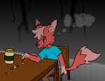 anthro blood blood_on_arm bodily_fluids canid canine clothed clothing depression digital_media_(artwork) english_text fingers fox fur gore hair hi_res male male/male mammal rahony red_eyes red_fox sad simple_background solo tail text true_fox