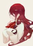  1girl breasts cropped_torso hair_between_eyes highres kirijou_mitsuru long_hair looking_at_viewer medium_breasts neck_ribbon o0oherb persona persona_3 profile red_eyes red_hair red_ribbon ribbed_shirt ribbon shirt sideways_glance simple_background solo upper_body very_long_hair 