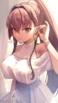  1girl blush breasts brown_eyes brown_hair closed_mouth collarbone dress earrings hair_between_eyes hair_intakes jewelry kantai_collection large_breasts long_hair looking_at_viewer ponytail smile solo upper_body white_dress wss_(nicoseiga19993411) yamato_(kancolle) 