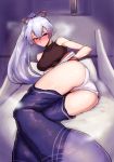 absurdres blush covered_nipples fate/grand_order fate_(series) hair_ribbon highres huge_filesize ichigai_(hayawossan) on_bed panties pants_down ponytail red_eyes ribbon silver_hair solo steam sweat tomoe_gozen_(fate/grand_order) underwear white_panties 