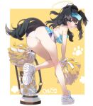  1girl animal_ears ass black_hair blue_archive blue_eyes blush breasts cheerleader commentary dated dog_ears dog_tail extra_ears eyewear_on_head facial_mark flower full_body halo hato_haru hibiki_(blue_archive) hibiki_(cheer_squad)_(blue_archive) highres holding holding_pom_poms kneepits long_hair looking_at_viewer medium_breasts millennium_cheerleader_outfit_(blue_archive) official_alternate_costume open_mouth panties pom_pom_(cheerleading) safety_glasses shoes sneakers solo star_(symbol) tail underwear white_flower white_panties yellow_halo 