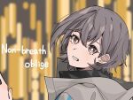  1girl bang_dream! bang_dream!_it&#039;s_mygo!!!!! blurry blurry_background brown_eyes clenched_teeth commentary_request english_text floating_hair grey_hair grey_jacket hair_between_eyes highres jacket looking_at_viewer nanami_(nunnun_0410) non-breath_oblige_(vocaloid) short_hair solo song_name takamatsu_tomori teeth upper_body 
