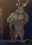  anthro antlers cervine clothing detailed_background digital_media_(artwork) disney featureless_crotch female hehky horn male mammal muscular muscular_male nude undressing zootopia 
