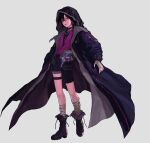  1boy bandaged_hand bandaged_leg bandages black_choker black_coat black_footwear black_hair boots choker coat dimension_walker_(dungeon_and_fighter) dungeon_and_fighter full_body geebee_79 hair_between_eyes highres looking_to_the_side male_focus male_mage_(dungeon_and_fighter) parted_bangs parted_lips purple_shirt red_eyes shirt shorts simple_background solo standing teeth thigh_strap upper_teeth_only 