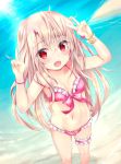  :d ahoge bangs beach bikini blush bracelet breasts collarbone day double_v eyebrows_visible_through_hair fate/grand_order fate/kaleid_liner_prisma_illya fate_(series) feet_out_of_frame fingernails foreshortening groin hair_between_eyes heart highres illyasviel_von_einzbern jewelry leg_garter legs_apart lens_flare long_hair looking_at_viewer navel open_mouth outdoors pink_bikini prisma_illya red_eyes shaian sidelocks small_breasts smile solo standing stomach sunlight swimsuit v water 