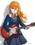  1girl absurdres alternate_hair_length alternate_hairstyle blue_jacket blush collared_shirt commentary_request dated dress electric_guitar grey_dress guitar hair_between_eyes hair_flowing_over headphones headphones_around_neck highres holding holding_instrument holding_plectrum instrument jacket long_hair long_sleeves looking_at_viewer love_live! love_live!_superstar!! music neck_ribbon one_eye_closed open_clothes open_jacket open_mouth orange_hair playing_instrument plectrum purple_eyes red_ribbon ribbon school_uniform shadow shibuya_kanon shirt sidelocks solo standing upper_body white_background white_shirt winter_uniform yikiraki yuigaoka_school_uniform 