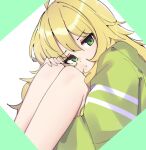  1girl :t aa211108 ahoge blonde_hair green_eyes green_jacket hand_on_own_knee head_tilt hoshii_miki hugging_own_legs idolmaster idolmaster_(classic) idolmaster_million_live! jacket knees_up looking_at_viewer sitting solo 