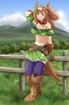  1girl against_fence ahoge animal_ears blue_eyes blue_sky boots breasts brown_footwear brown_gloves brown_hair cleavage commentary_request cowboy_hat fence full_body gloves grass green_skirt gun hair_between_eyes hair_ornament hat hat_on_back highres holstered horse_ears horse_girl horse_tail large_breasts long_hair looking_at_viewer looking_to_the_side midriff navel outdoors ponytail purple_thighhighs revolver skirt sky smile solo star_(symbol) star_hair_ornament taiki_shuttle_(umamusume) tail thighhighs umamusume upper_body weapon yamada_(c57hikaru) 