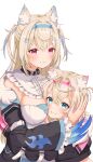  2girls absurdres animal_ear_fluff animal_ears bandaid bandaid_hair_ornament belt_collar black_collar black_jacket blonde_hair blue_eyes blue_hair blue_nails blush breasts cleavage collar dog_ears dog_girl dress fur-trimmed_jacket fur_trim fuwawa_abyssgard fuwawa_abyssgard_(1st_costume) hair_ornament hairpin highres hololive hololive_english hug jacket large_breasts lingmu long_hair looking_at_viewer medium_hair mococo_abyssgard mococo_abyssgard_(1st_costume) multicolored_hair multiple_girls nail_polish pink_eyes pink_hair siblings sisters spiked_collar spikes streaked_hair twins two_side_up virtual_youtuber white_background white_dress x_hair_ornament 